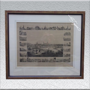 Alte Lithografie: "Erinnerung an Dresden", um 1850, gerahmt mit Echtgold-Leiste